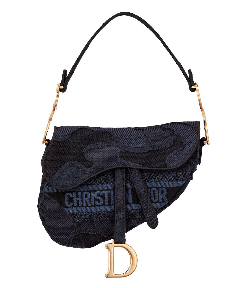 Christian Dior Multicolor Striped Embroidery Saddle Canvas Bag Dark Blue